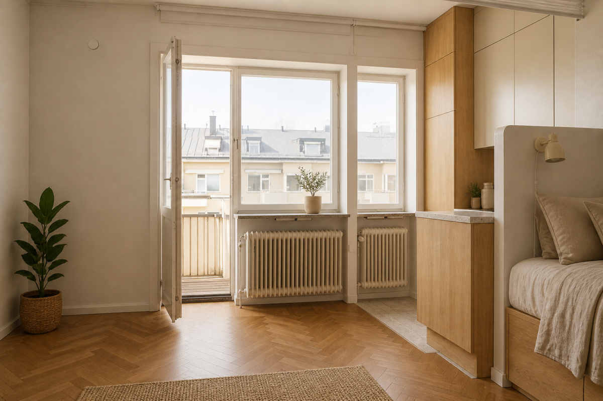 Högst upp i huset med balkong i sydväst
