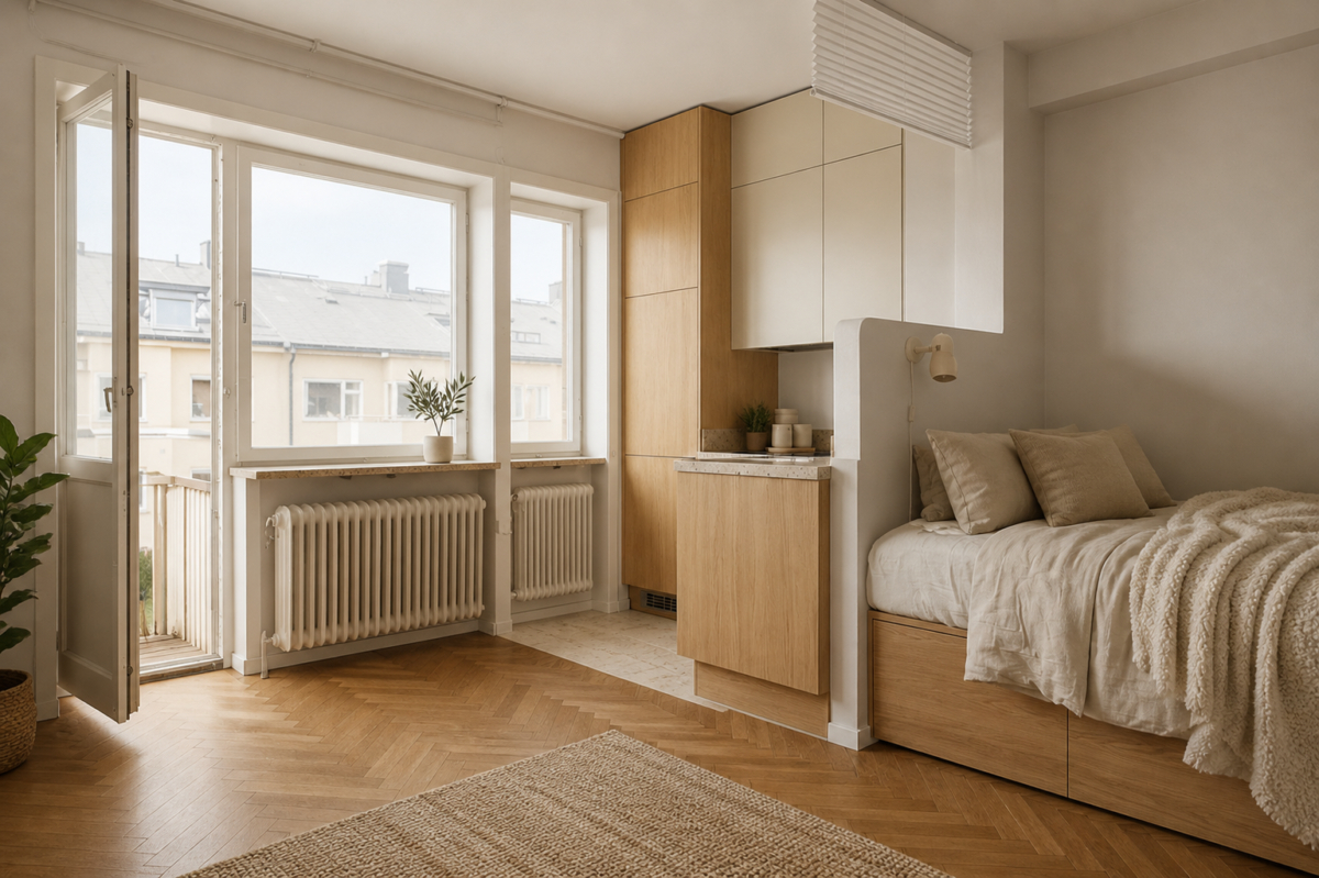 Högst upp i huset med balkong i sydväst